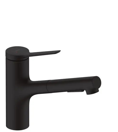 Matt schwarzer Spültischmischer von Hansgrohe mit Ausziehbrause und zwei Strahlarten. Kompakte Bauform mit einfacher Bedienung durch hebelartige Steuerung.
